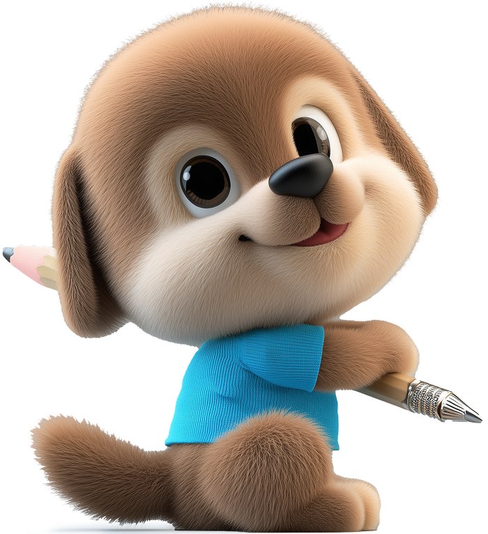 펜을 들고 밝게 웃고 있는 갈색 강아지 캐릭터